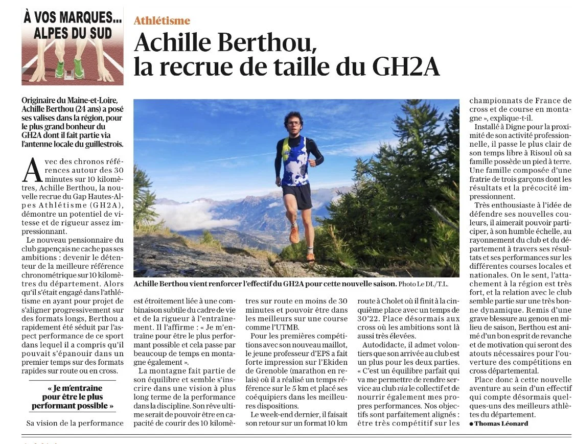Article de magazine avec titre sur Achille Berthou, coureur de montagne. Photo d'un homme courant en pleine nature avec montagnes en arrière-plan.