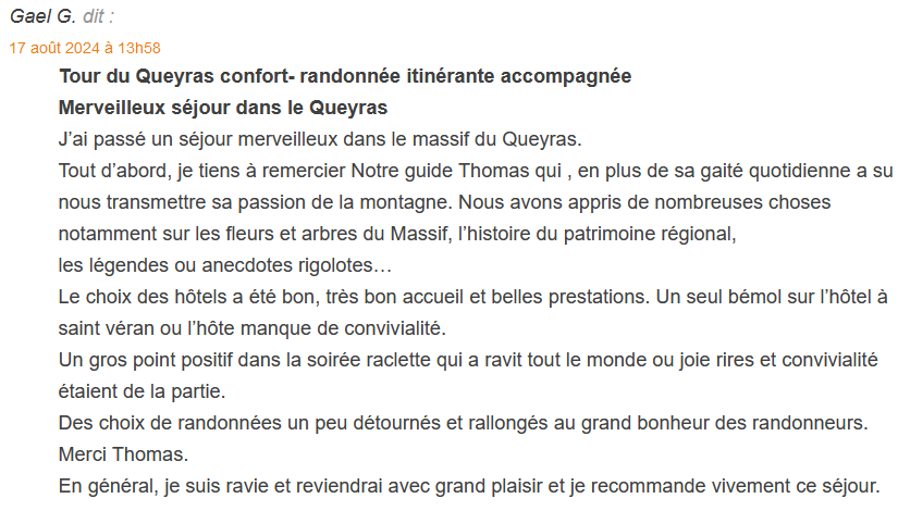 Page de texte décrivant un récit de randonnée dans les montagnes du Queyras, mentionnant une visite de l'hôtel, une soirée raclette, et une expérience agréable avec un guide.