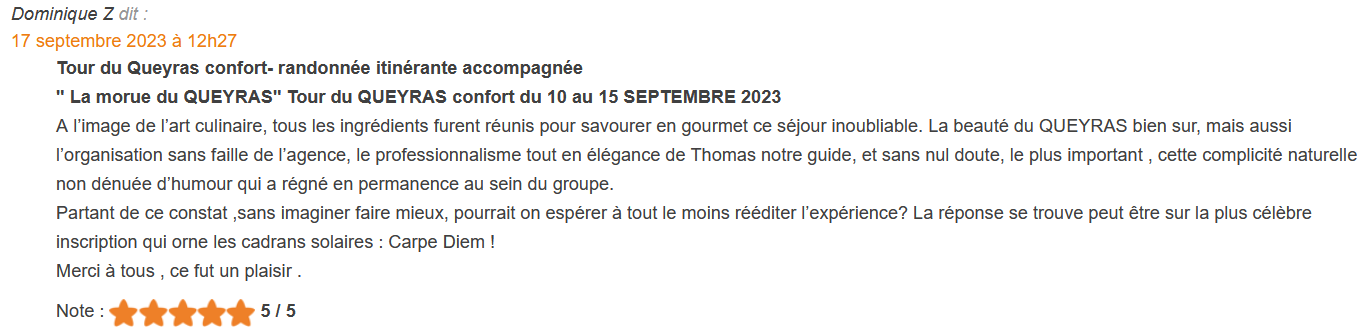 Texte décrivant la randonnée au Queyras, du 10 au 15 septembre 2023, avec une note de 5 étoiles sur 5.