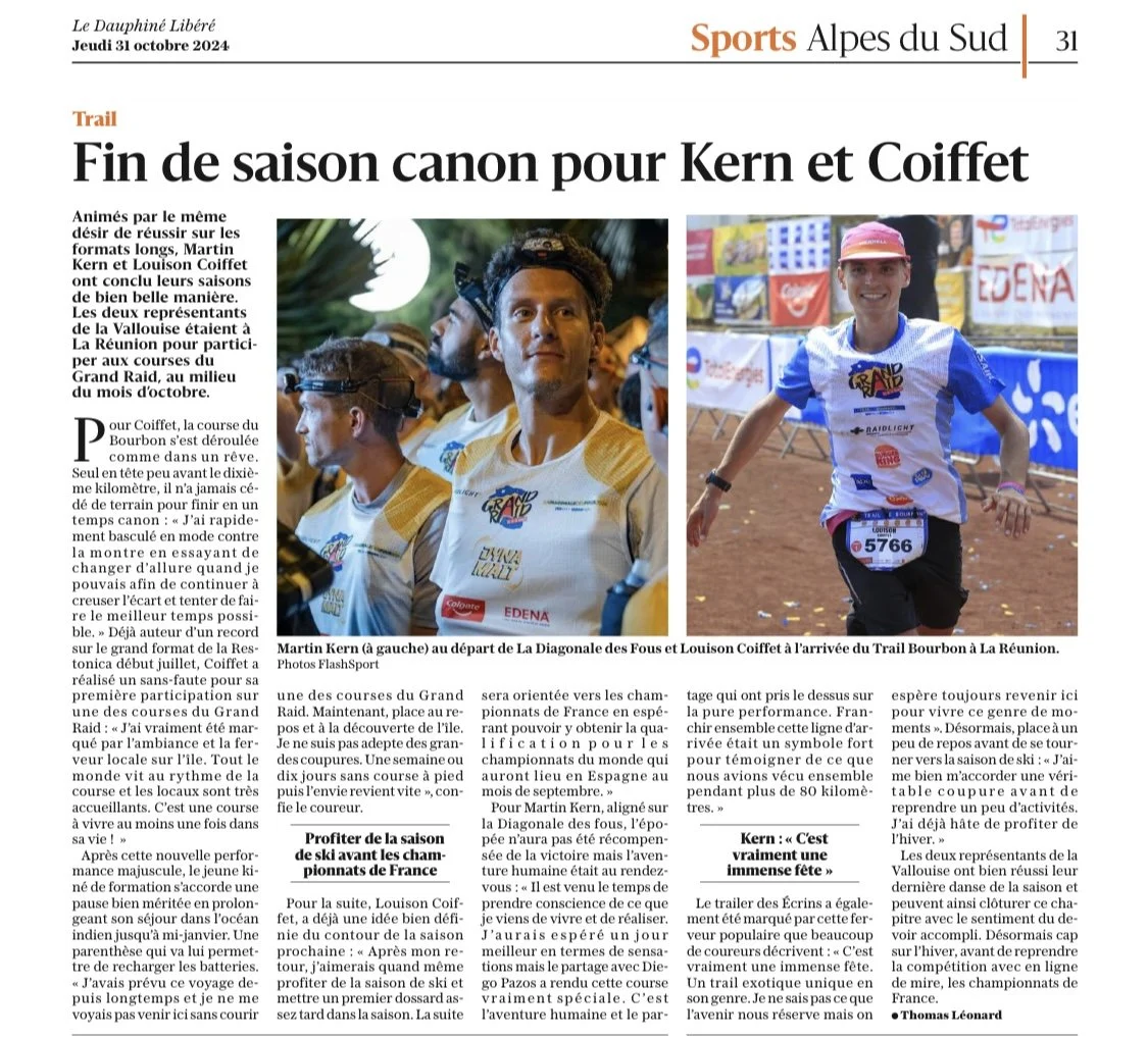 Page de journal sportif avec deux photos de coureurs lors d'une course Trail. Titre : Fin de saison canon pour Kern et Coiffet.