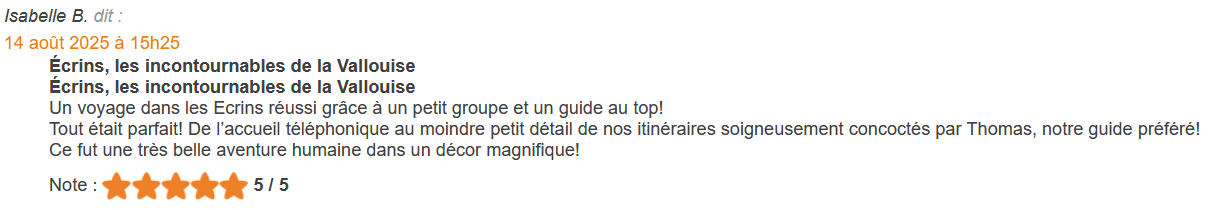 Capture d'écran d'un commentaire en français avec une note de 5 étoiles sur une expérience de voyage dans les Écrins, Vallouise, le 14 août 2025 à 15h25.