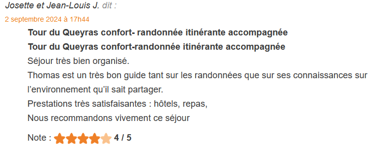 Capture d'écran d'un document écrit en français mentionnant une visite au Tour du Queyras, with a rating of 4 étoiles sur 5.