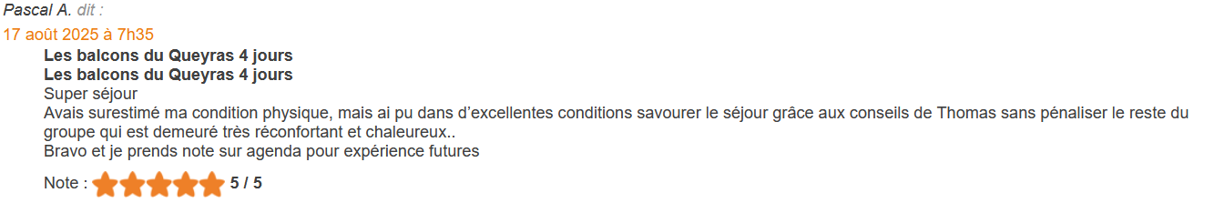 Capture d'écran d’un avis de séjour mentionnant une expérience positive avec 5 étoiles, publié le 17 août 2025 à 7h35, concernant les balcons du Queyras et un séjour de 4 jours.