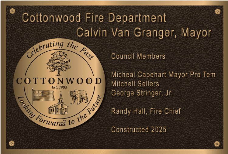 Custom Cottonwood Fire Department dedication plaque featuring durable fire station signage, police signage, and fire plaque craftsmanship honoring the department, city officials, and station construction.