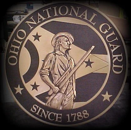 Ohio National Guard military emblem created as a custom 3d bas relief plaque showing detailed sculpted artwork typical of memorial and military bas relief plaques.