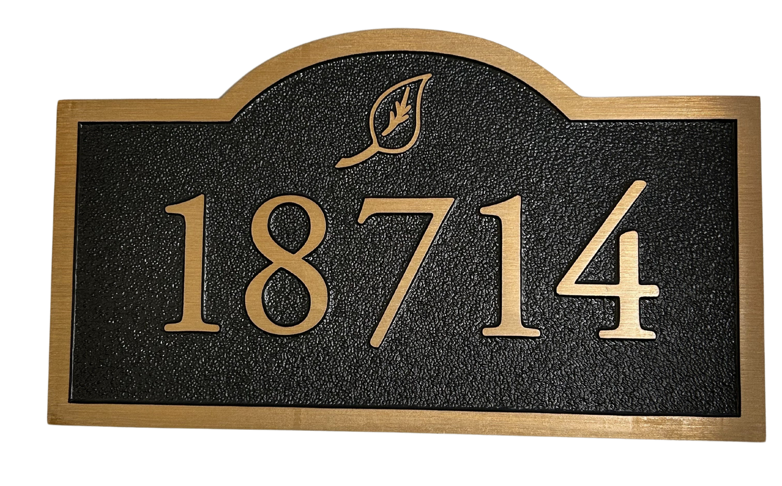 Custom bronze address plaque displaying house number 18714 with decorative leaf accent, crafted as durable bronze plaques for outdoors and residential city signage.