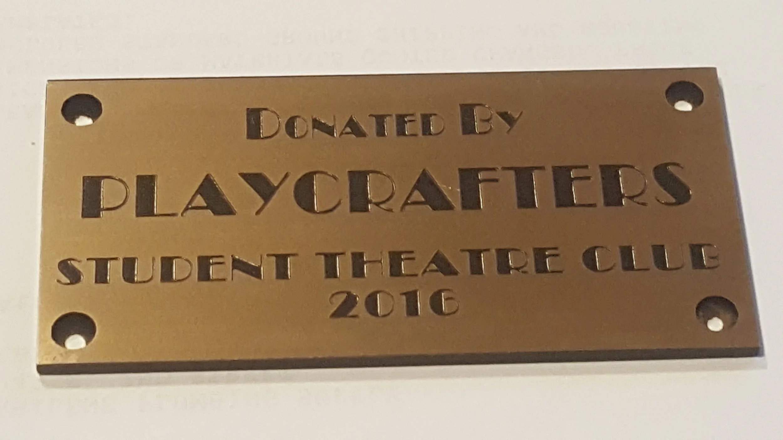 Engraved brass donation custom plaque recognizing Playcrafters Student Theatre Club produced by a family-owned business specializing in durable metal plaques.