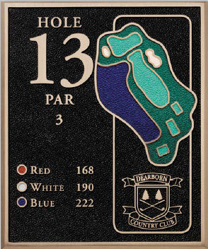 Golf course hole marker map cast as a custom 3d bas relief plaque with raised course layout and lettering used in outdoor bas relief plaques.