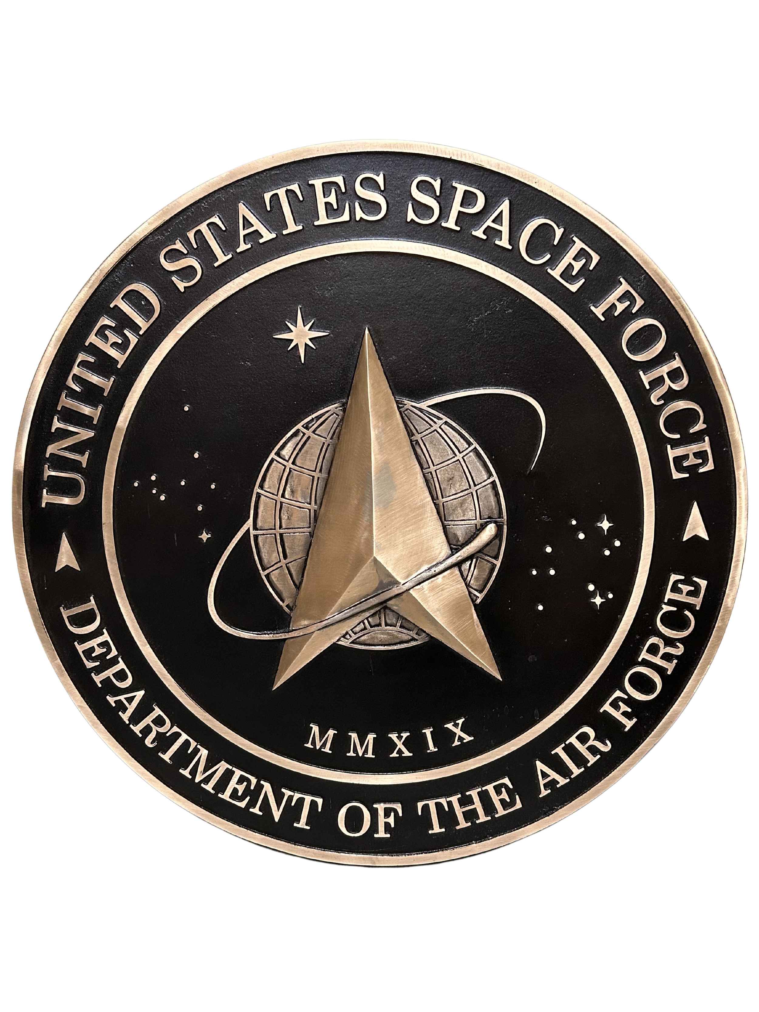 Bronze plaque featuring the United States Space Force seal, crafted for durable business signage and institutional identification in indoor or outdoor settings.