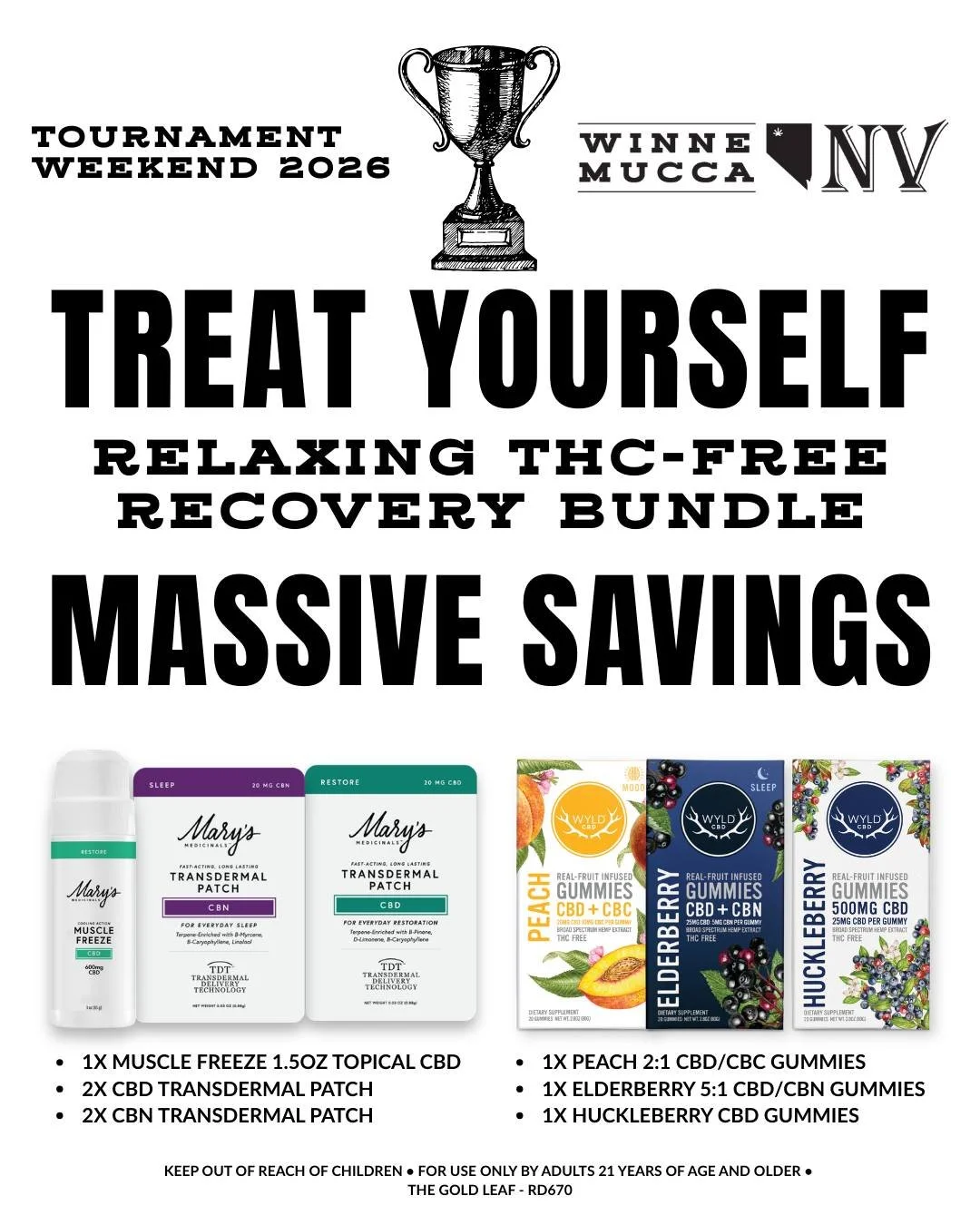 Welcome tournament fans and travelers! Stop by Winnemucca's oldest veteran-owned dispensary and grab our THC-Free Relaxation Bundle, filled with goodies to help you chill all weekend - for one massively discounted price. Ask our friendly and knowledg