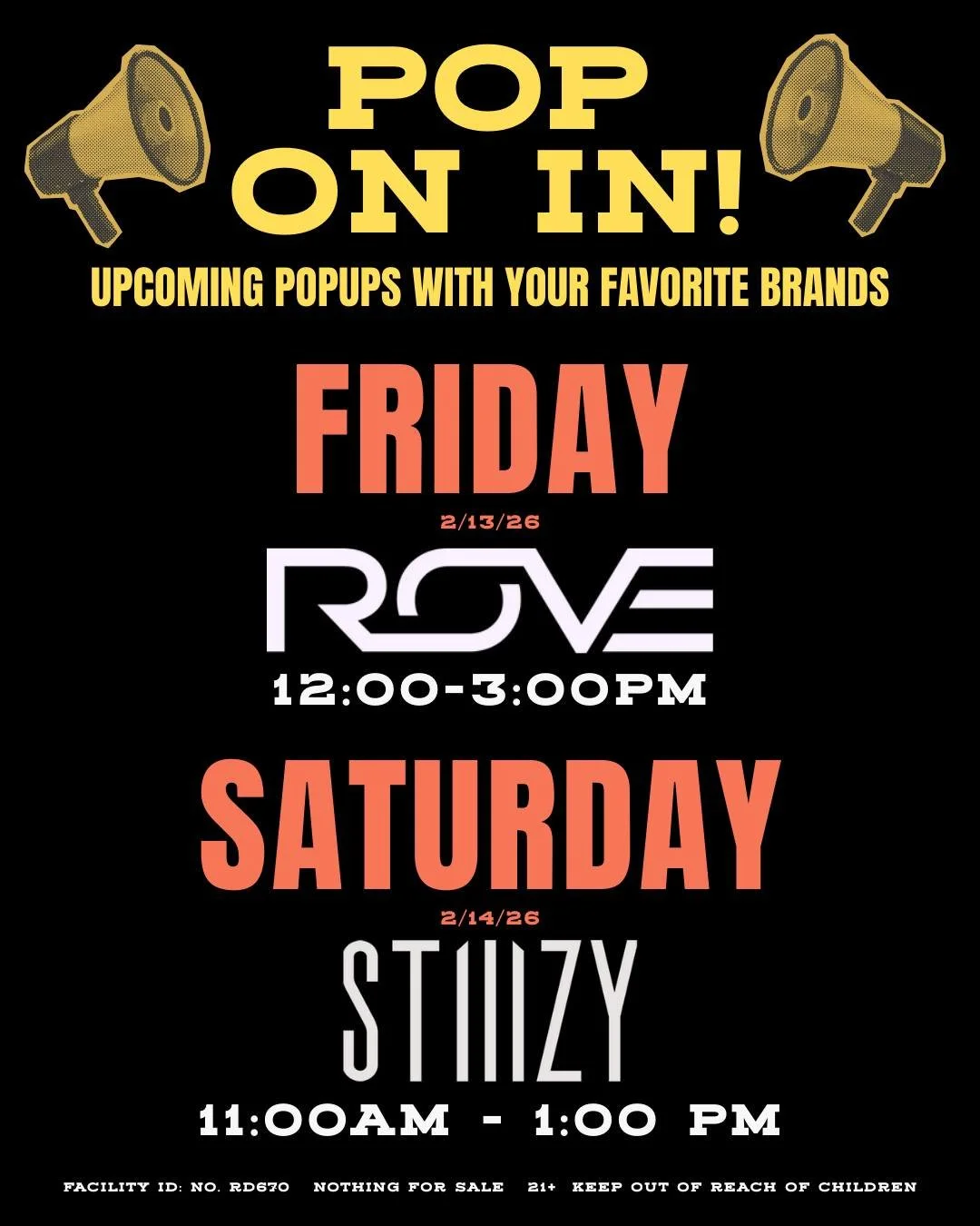 TODAY - 12-3PM AND TOMORROW 11AM-1PM! Pop in to our popups with Rove (@rovebrand.nv) and Stiiizy (@stiiizylv) popups! 
#thegoldleafnv, #thegoldleafnevada, #thegoldleafwinnemucca, #valentinesday 
Keep out of reach of children &bull; For use only by ad