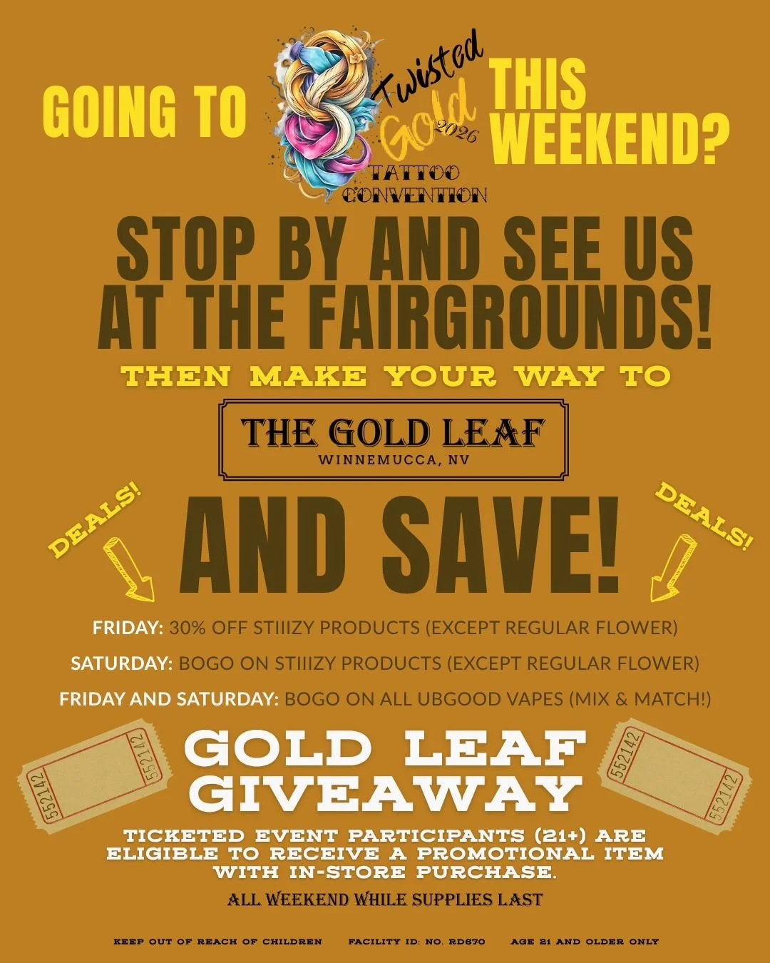 ⚠️⚠️🎈⚠️⚠️ Today and tomorrow - drop by and see us at the Twisted Gold Tattoo Convention @twistedgoldtattooconvention_26 . Ticketed attendees 21+ are eligible for a promotional item with any in-store purchase, and we've got BOGO on all Stiiizy (excep