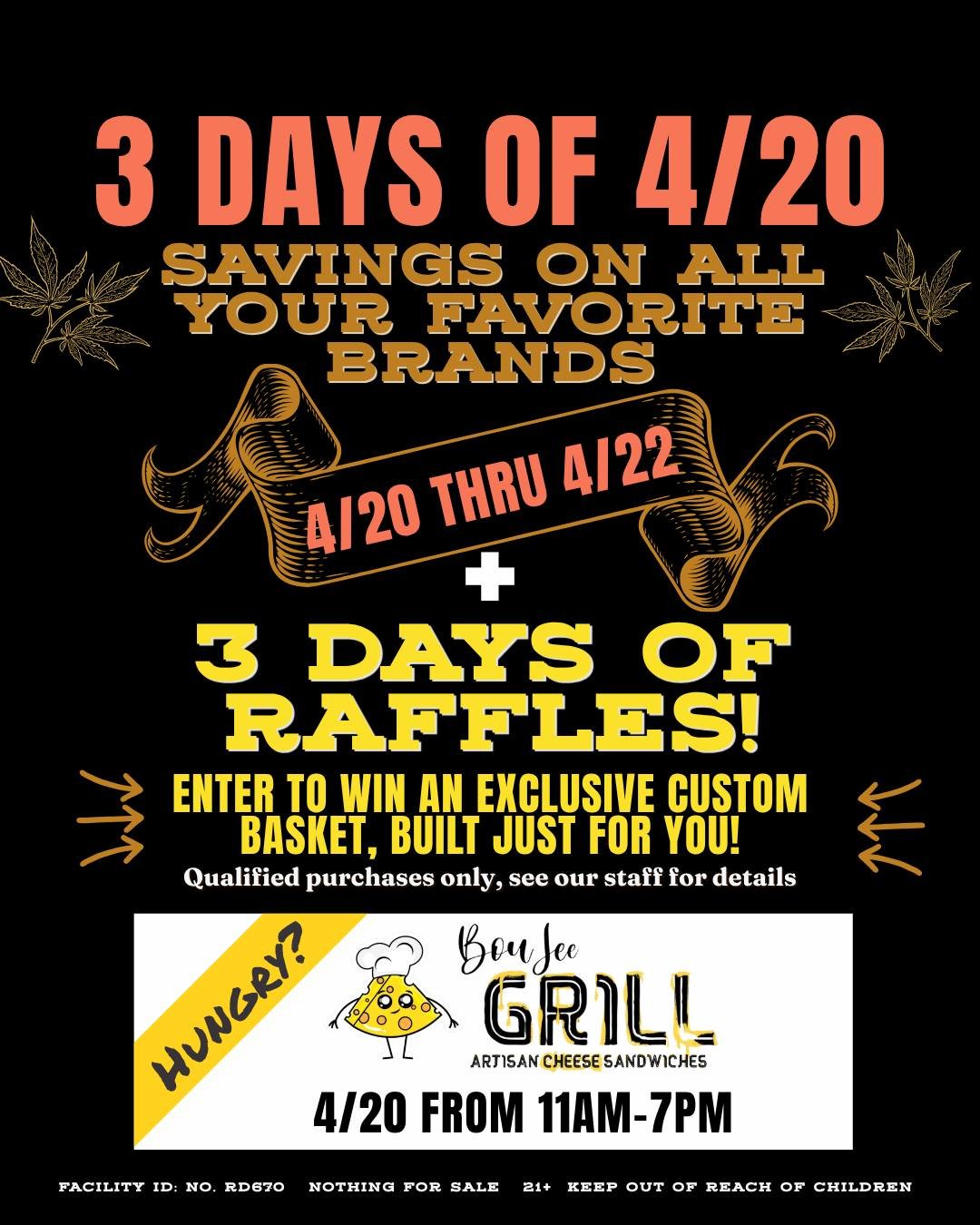 It's that time again Winnemucca! We're celebrating 4/20 for three days in a row this year. To kick off the festivities we have Boujee  gracing our presence with their elevated comfort food Monday ONLY from 11AM-7PM. Plus, we've got raffles for qualif