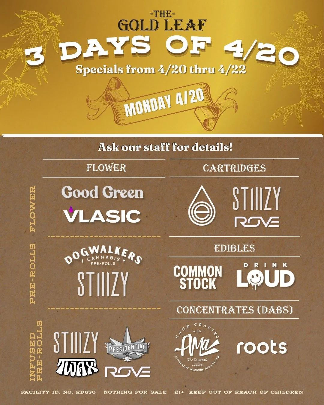 Happy 4/20 Winnemucca! We're celebrating today, tomorrow and Wednesday too, with three days of huge savings on all your favorite brands, plus daily raffles for qualifying purchases. Boujee  will be on site Monday only to serve their delish elevated c