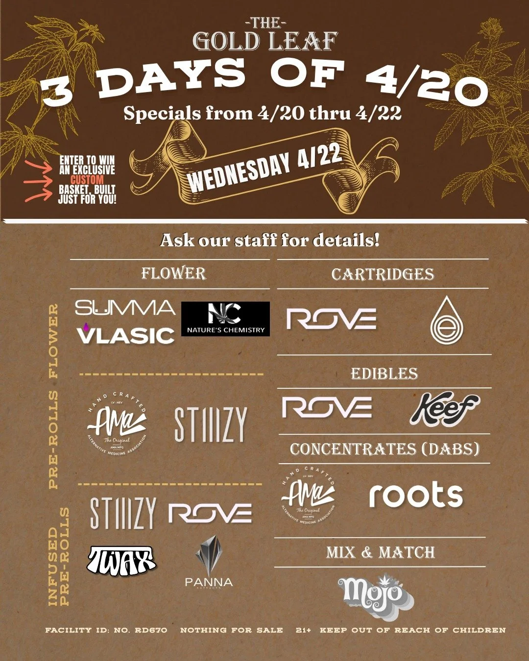🚨🎈🌳 It's still 4/20 at the Gold Leaf, so don't miss out! Today is the last chance to take advantage of our extended 4/20 celebration. We've got deals on your faves, including rare specials on Mojo and Nature's Chemistry, plus qualifying purchases 