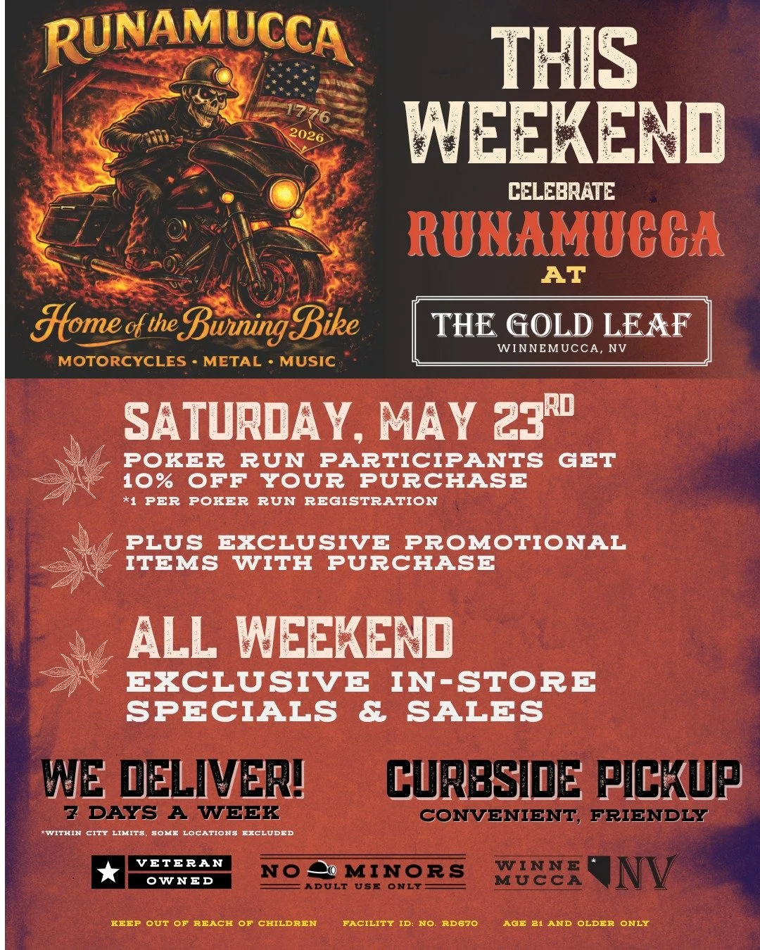 🏍 🏍 🏍  SPREAD THE WORD! We are super excited to announce that we are a stop on the Run-A-Mucca Saturday Poker Run again this year! Saturday Poker Run participants get 10% off your order (1 discount per registration, proof of registration required)