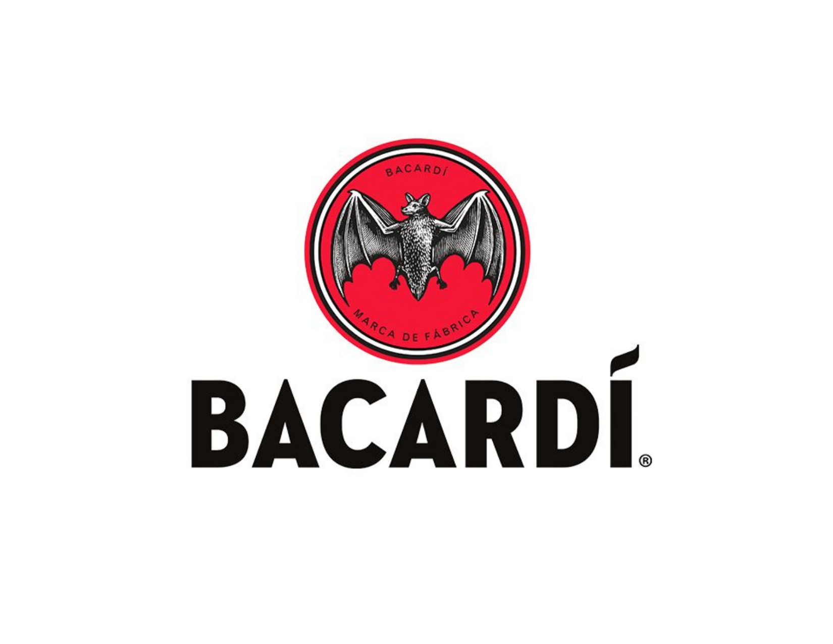 Bacardi logo with a black bat with outstretched wings inside a red circle and the word Bacardi in bold black letters below.