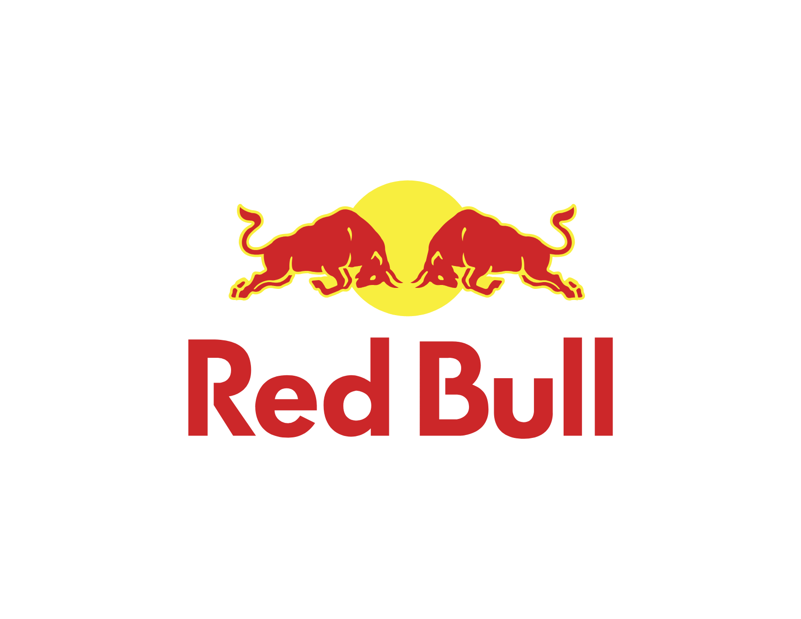 Red Bull logo featuring two red bulls charging at each other in front of a yellow sun with a black background and the words "Red Bull" in red text below.