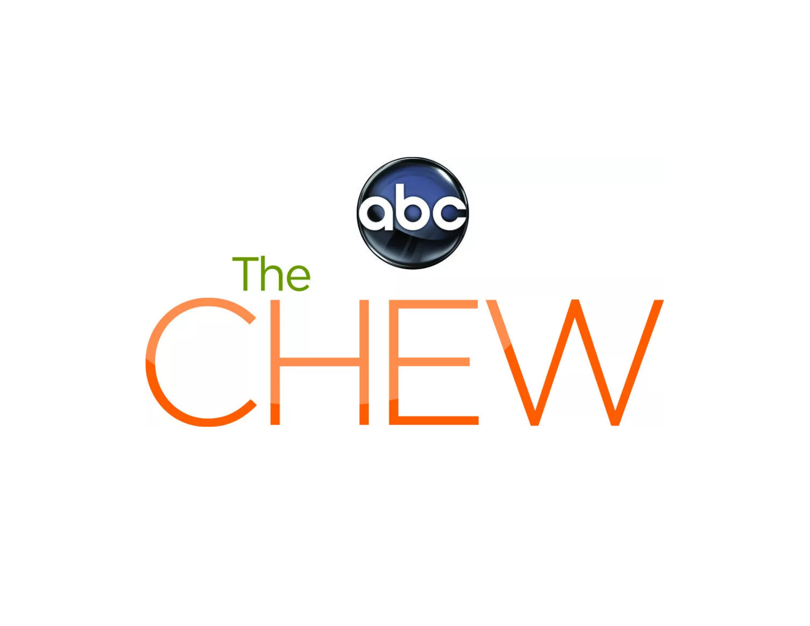 Logo for ABC's The Chew with the ABC logo at top, and the title 'The Chew' with 'The' in green and 'CHEW' in large orange letters on a white background.