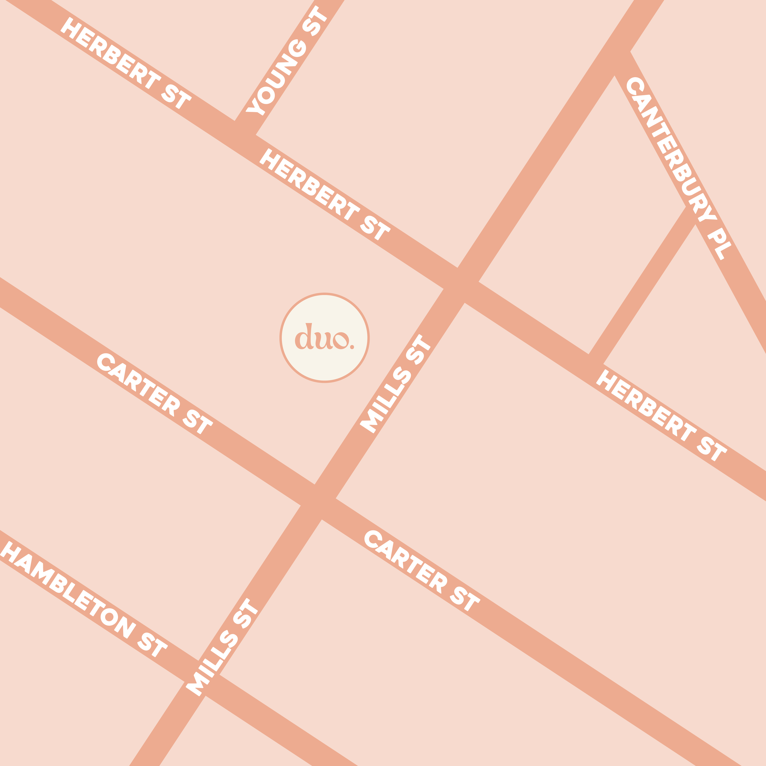 Map view of the area around Duo, showing streets including Herbert Street, Young Street, Carter Street, Mills Street, and Canterbury Place in a pink and beige color scheme.