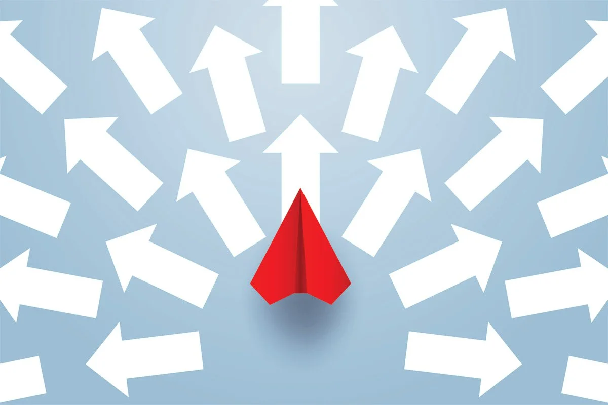 illustration of paper plane and arrows indicating decision logic confusion