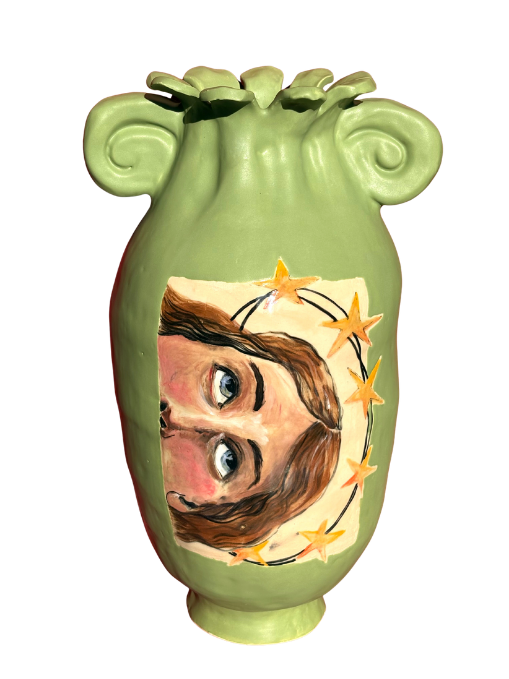 Coil vase with spiral handles, petal lip and hand painted portrait of woman with halo.