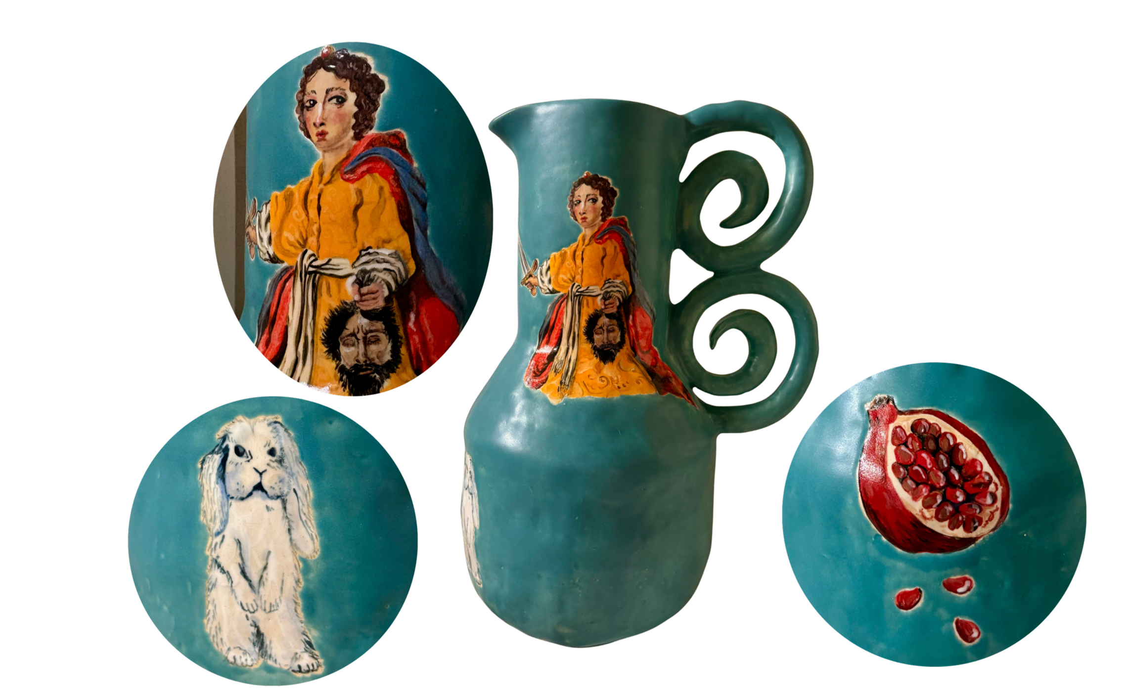 Hand built coil vase in teal blue. Hand painted underglaze Judith slaying holofernes