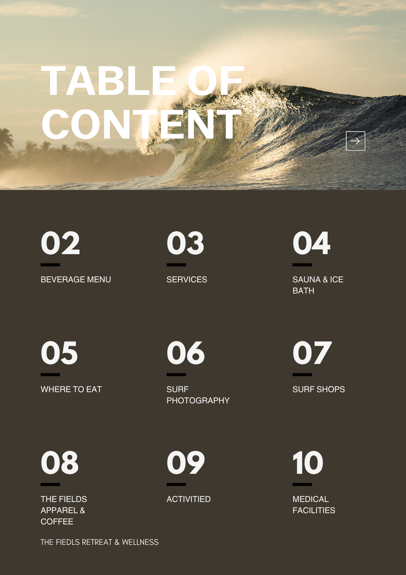A website menu with a background image of a large ocean wave at sunset. The menu includes numbered options: 02 Beverage Menu, 03 Services, 04 Sauna & Ice Bath, 05 Where to Eat, 06 Surf Photography, 07 Surf Shops, 08 The Fields Apparel & Coffee, 09 Activities, 10 Medical Facilities, and 11 The Fields Retreat & Wellness.