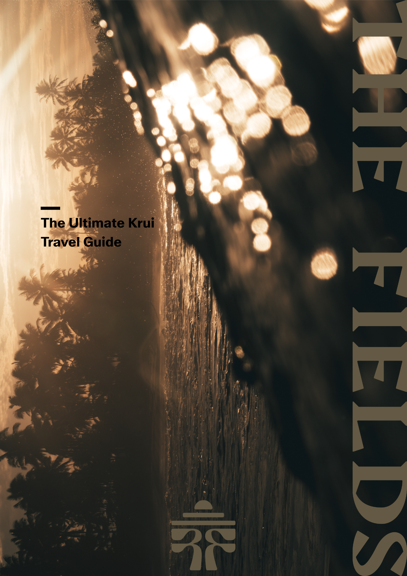 A sunset at the beach with silhouettes of palm trees, waves hitting the shore, and warm golden light reflecting on the water. The text on the image reads 'The Ultimate Krui Travel Guide'.