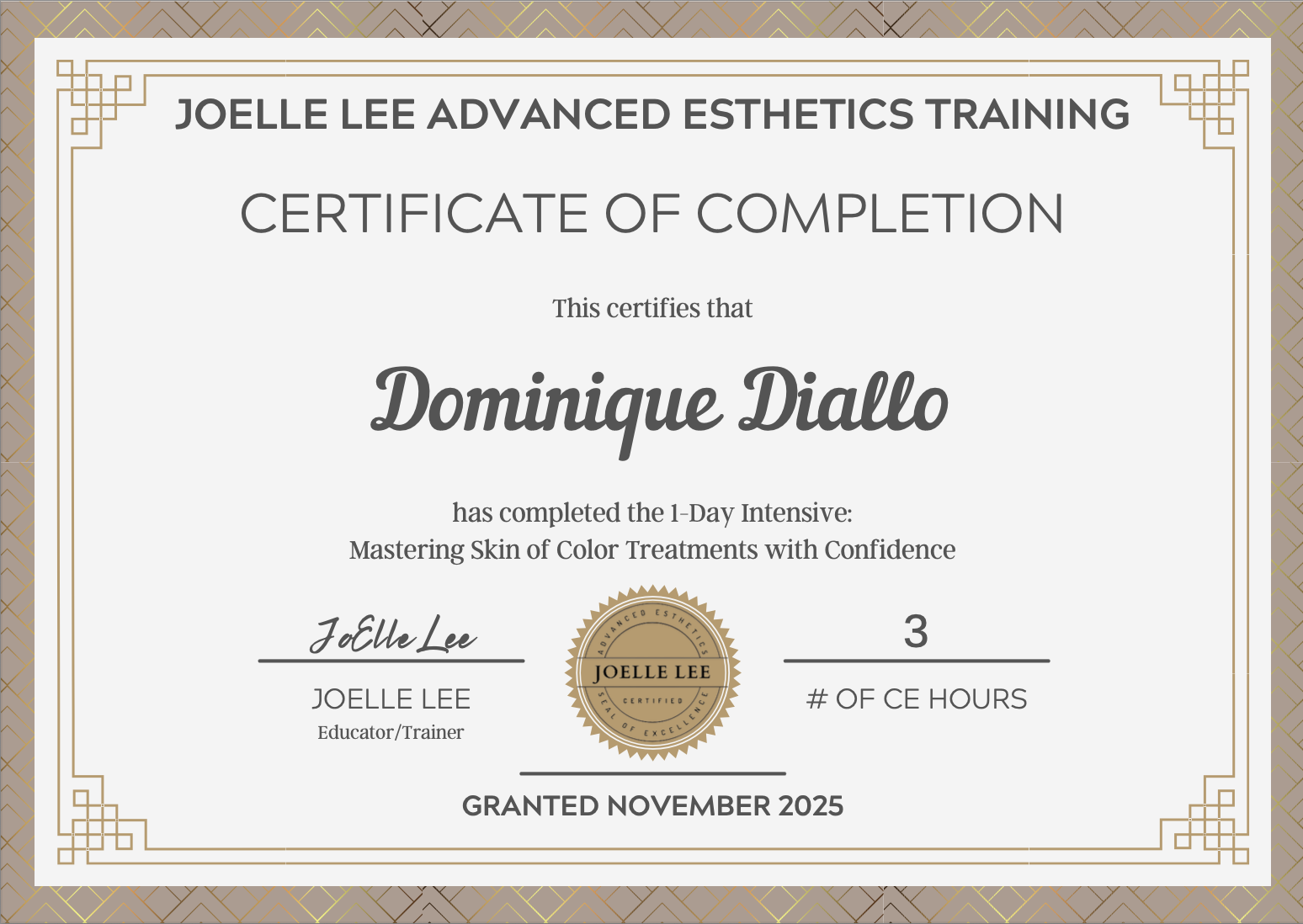Certificate of completion awarded to Dominique Diallo for completing a 1-day intensive training in skin of color treatments, issued by Joelle Lee Advanced Esthetics Training in November 2025.