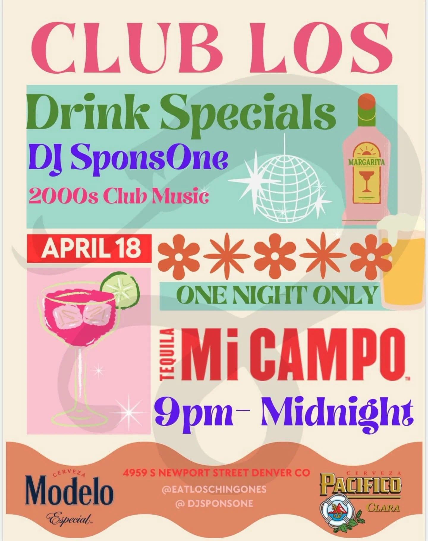 Why wait until Cinco de Mayo to party?! Join us April 18 at Los DTC for a pre-cinco celebration you won&rsquo;t want to miss. @djsponsone will be spinning 2000s classic club hits while you sip on our famous margs and crispy beers. Sponsored by: @tequ