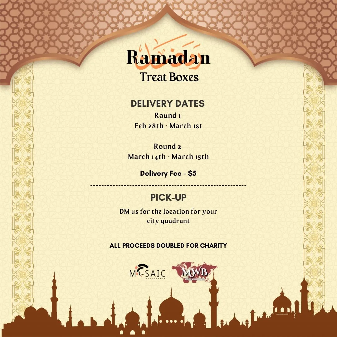 🌙✨ Ramadan Mubarak from MOSAIC Volunteers!

Our Ramadan Treat Boxes are back for 2026!
Thoughtfully curated and filled with your favourites, they&rsquo;re the perfect way to welcome the blessed month - whether you&rsquo;re gifting loved ones, bringi