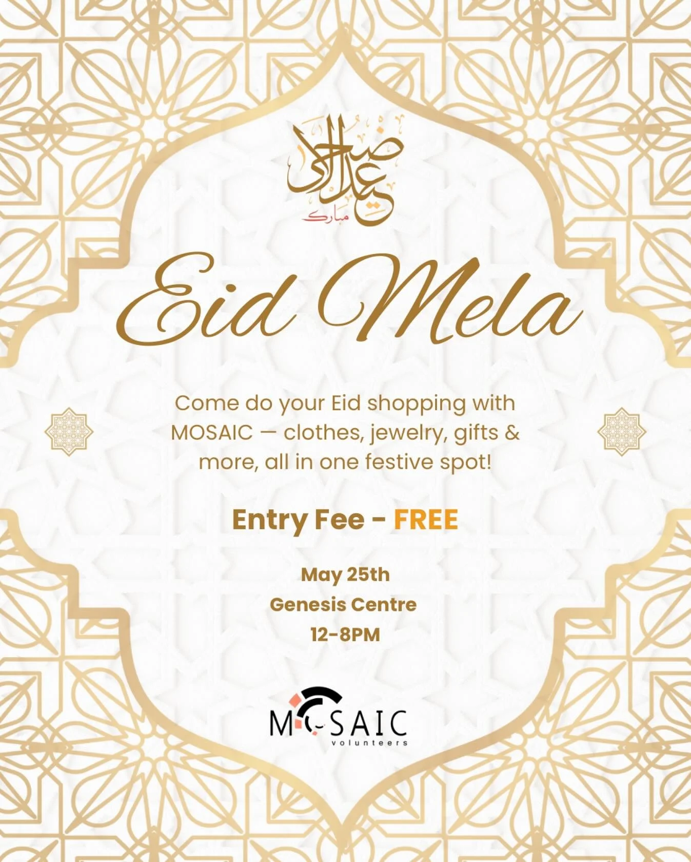 🥁Get ready, Calgary! MOSAIC Volunteers are back with their Annual Eid Mela!! ✨🥳

Join us for a full day of celebration, community, and culthre as we come together to prepare for Eid ul Adha in the most festive way! Whether you're looking to complet