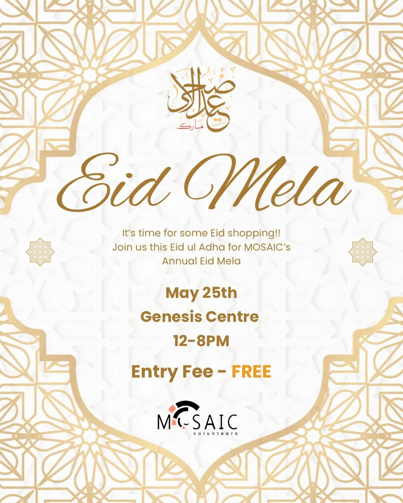 🥁Get ready, Calgary! MOSAIC Volunteers are back with their Annual Eid Mela!! ✨🥳

Join us for a full day of celebration, community, and culthre as we come together to prepare for Eid ul Adha in the most festive way! Whether you're looking to complet