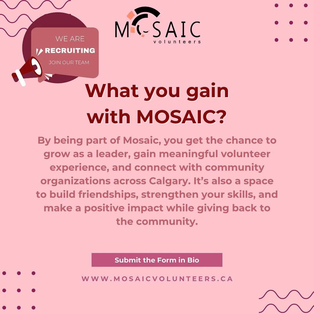 🌟 Ready to take your community involvement to the next level? 🌟

MOSAIC is looking for passionate, driven young leaders (ages 18&ndash;25) to join our executive team! 

By being part of Mosaic, you&rsquo;ll have the chance to build leadership skill