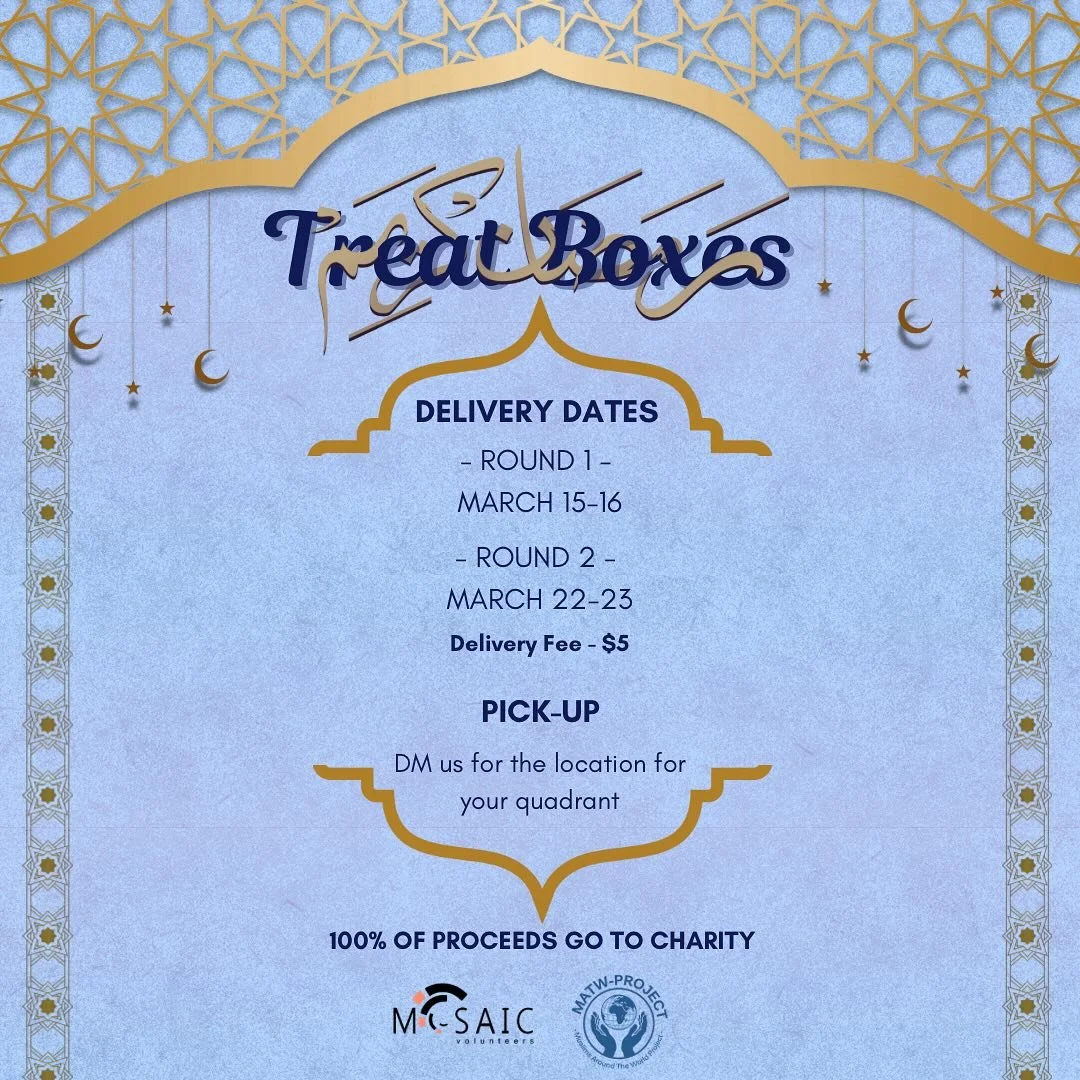 🌙✨Ramadan Mubarak from MOSAIC Volunteers! We have partnered up with Misri Bakery and Nino Bakeshop to bring back another year of Ramadan Treat Boxes!! And yes - the star of the show - the Kashmiri Chai cupcakes are back too🥳

So start this blessed 