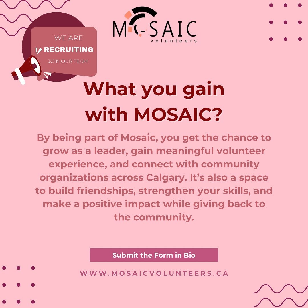 🌟 Ready to take your community involvement to the next level? 🌟

MOSAIC is looking for passionate, driven young leaders (ages 18&ndash;25) to join our executive team! 

By being part of Mosaic, you&rsquo;ll have the chance to build leadership skill