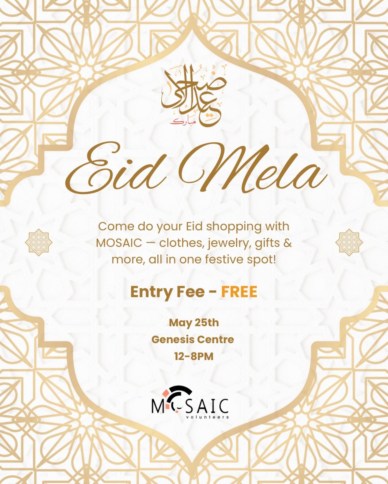 🥁Get ready, Calgary! MOSAIC Volunteers are back with their Annual Eid Mela!! ✨🥳

Join us for a full day of celebration, community, and culthre as we come together to prepare for Eid ul Adha in the most festive way! Whether you're looking to complet