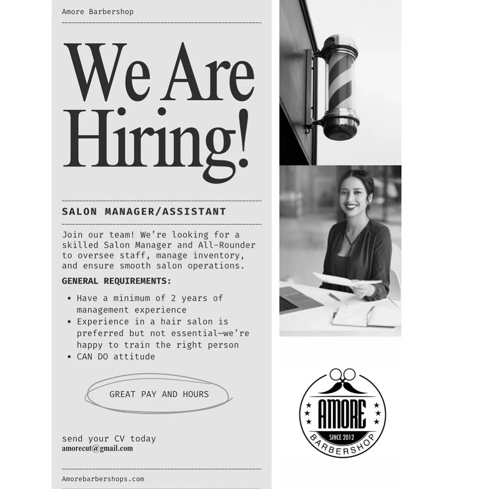 🚨 We&rsquo;re Hiring! 🚨
Join our team at AMORE Barbershop! We&rsquo;re looking for a Salon Manager and Salon Assistant to help us keep things running smoothly and deliver top-notch service. 💈✨
Management experience is preferred, but if you&rsquo;r