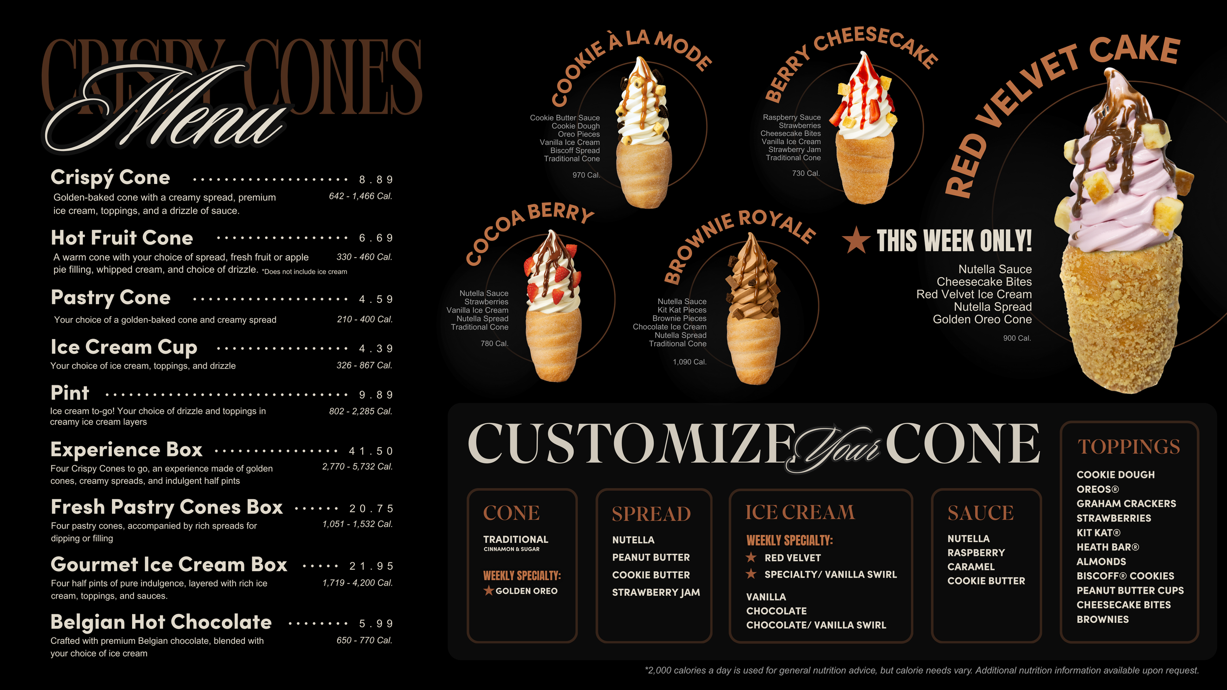 Menu with Red Velvet Ice Cream and Golden Oreo Cone.