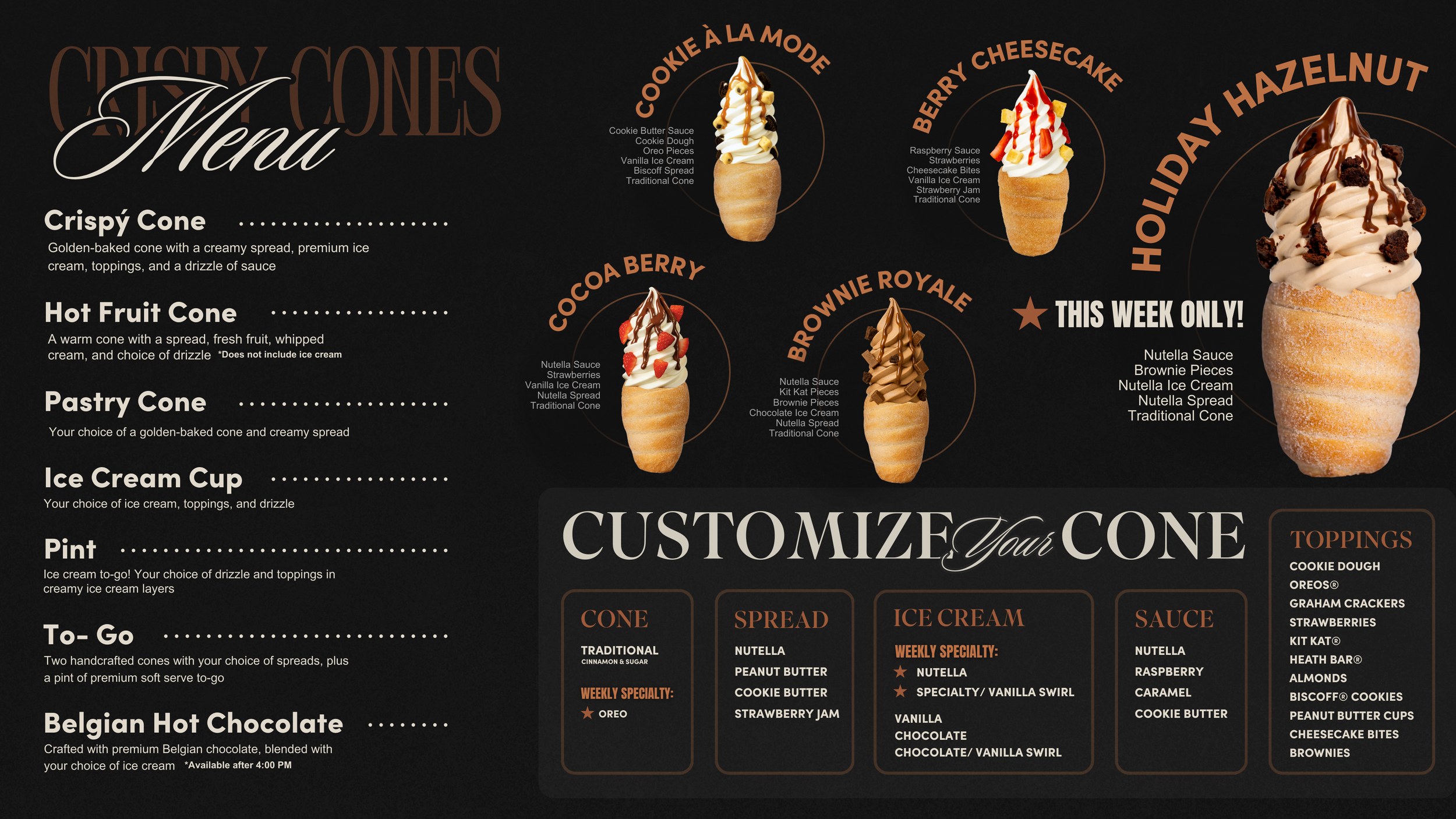 Menu with  Nutella  Specialty flavor Ice Cream and Oreo Specialty Cone.