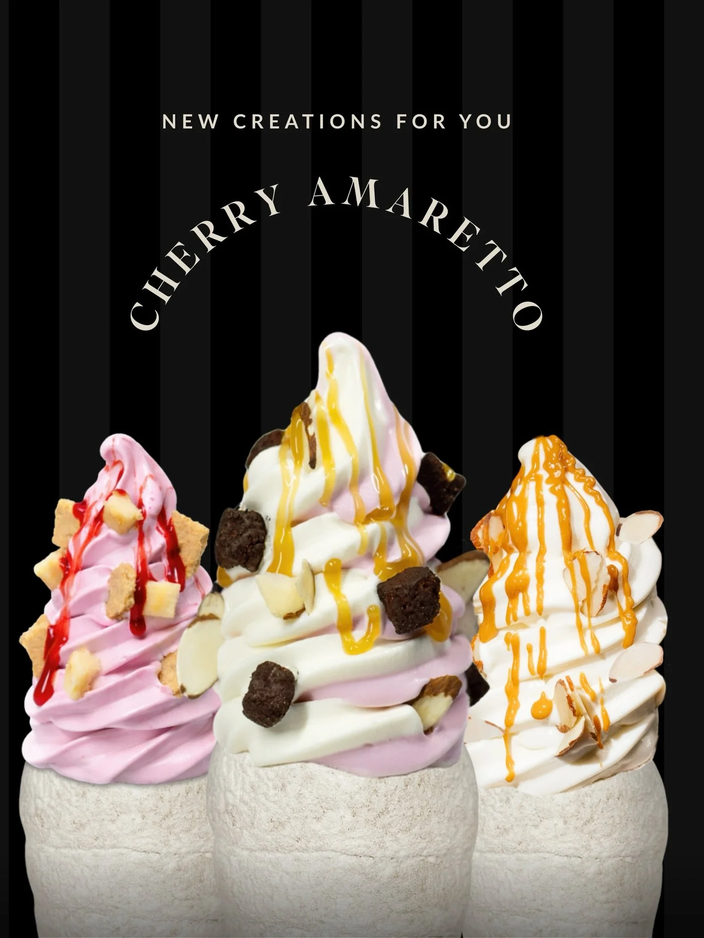 Meet Cherry Amaretto 🍒

Sweet, black cherry soft serve swirled with creamy almond soft serve and topped with brownie bites, almond pieces + golden caramel drizzle🤤

It is rich, slightly nutty, and perfectly balanced in a Vanilla cone with cookie bu