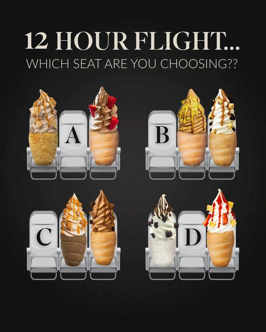 Which seat are you choosing on a 12 hour flight to Prague? 👀⁠
⁠
#CrispyCones #PragueGiveaway #Giveaway