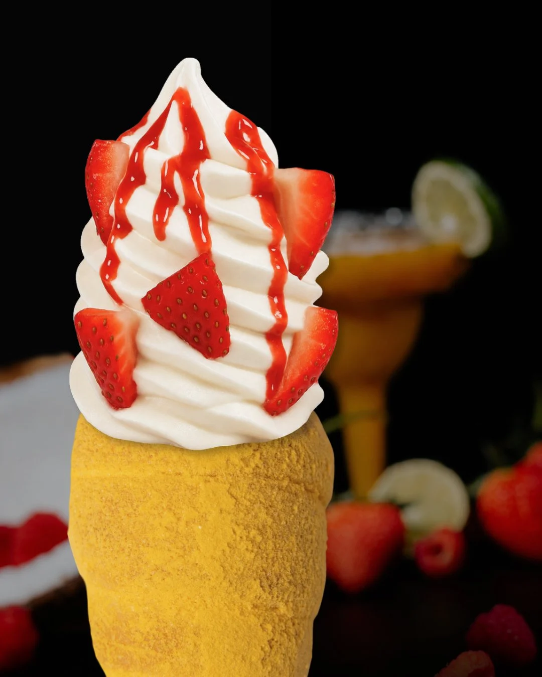 Hey bestie, need a vacation? 🌴✨⁠
⁠
Meet Tropical Mocktail 🍹 A refreshing escape layered with creamy coconut ice cream, fresh strawberries, and wrapped in a vibrant passion fruit pastry cone. Finished with a bright raspberry drizzle for a flavor exp