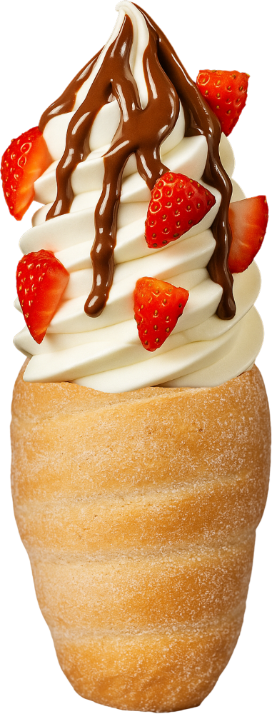 Cocoa Berry Crispy Cone with vanilla soft serve, strawberries, and Nutella drizzle in a pastry cone