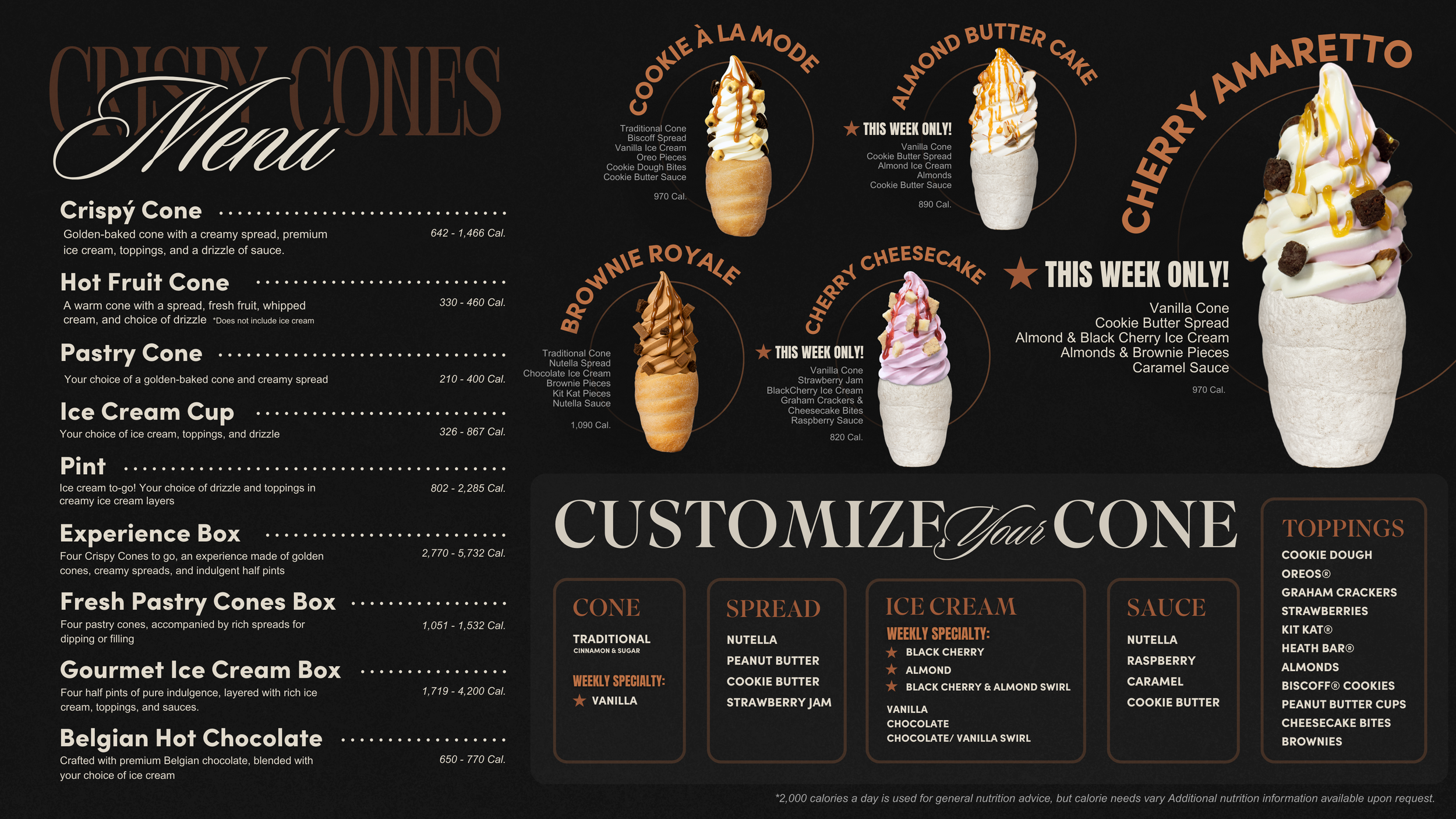 Menu with Almond, Black Cherry Ice Cream and Vanilla Cone.