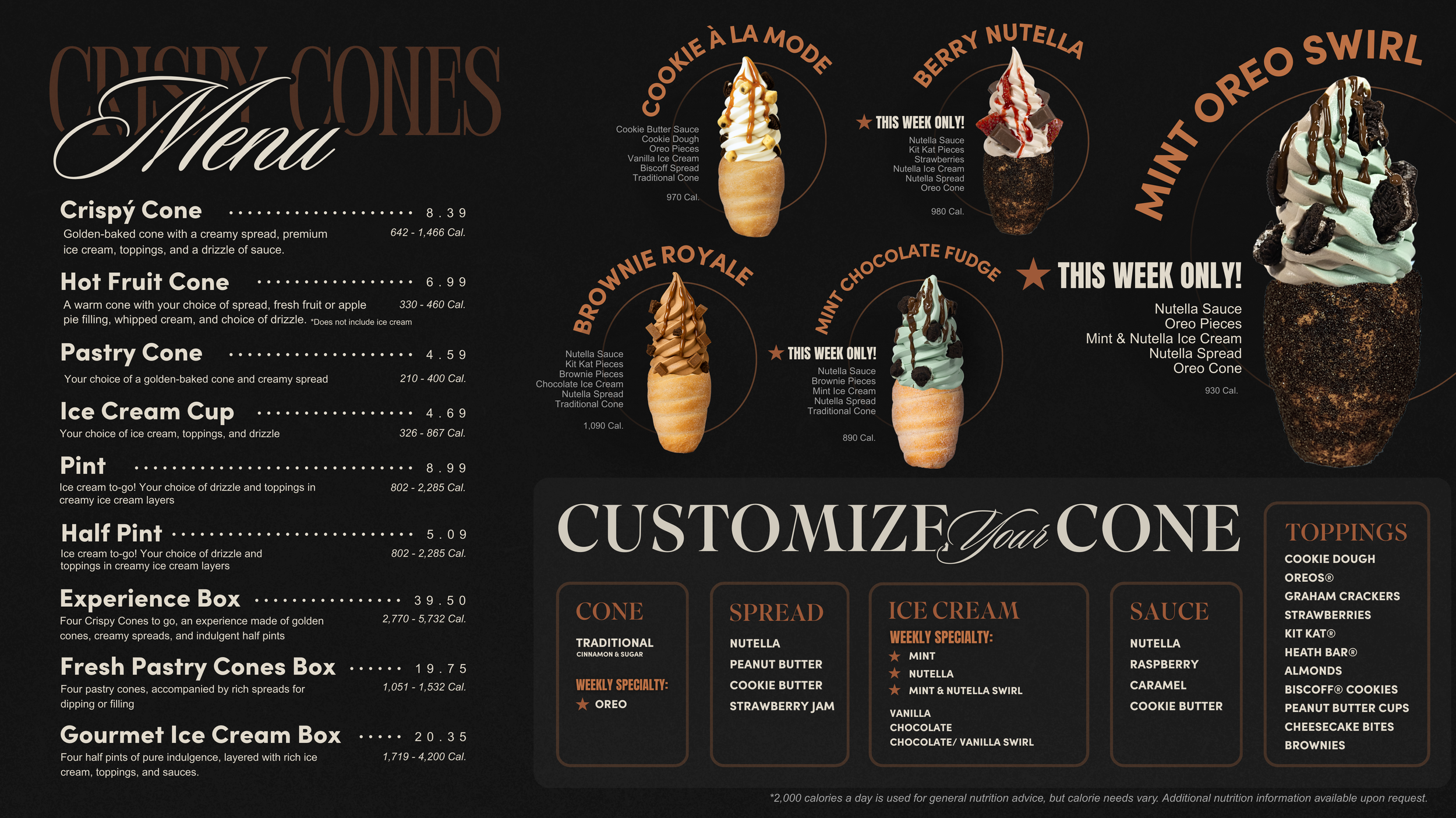 Menu with Specialty Mint & Nutella Ice Cream with Specialty Powdered Sugar Cone.