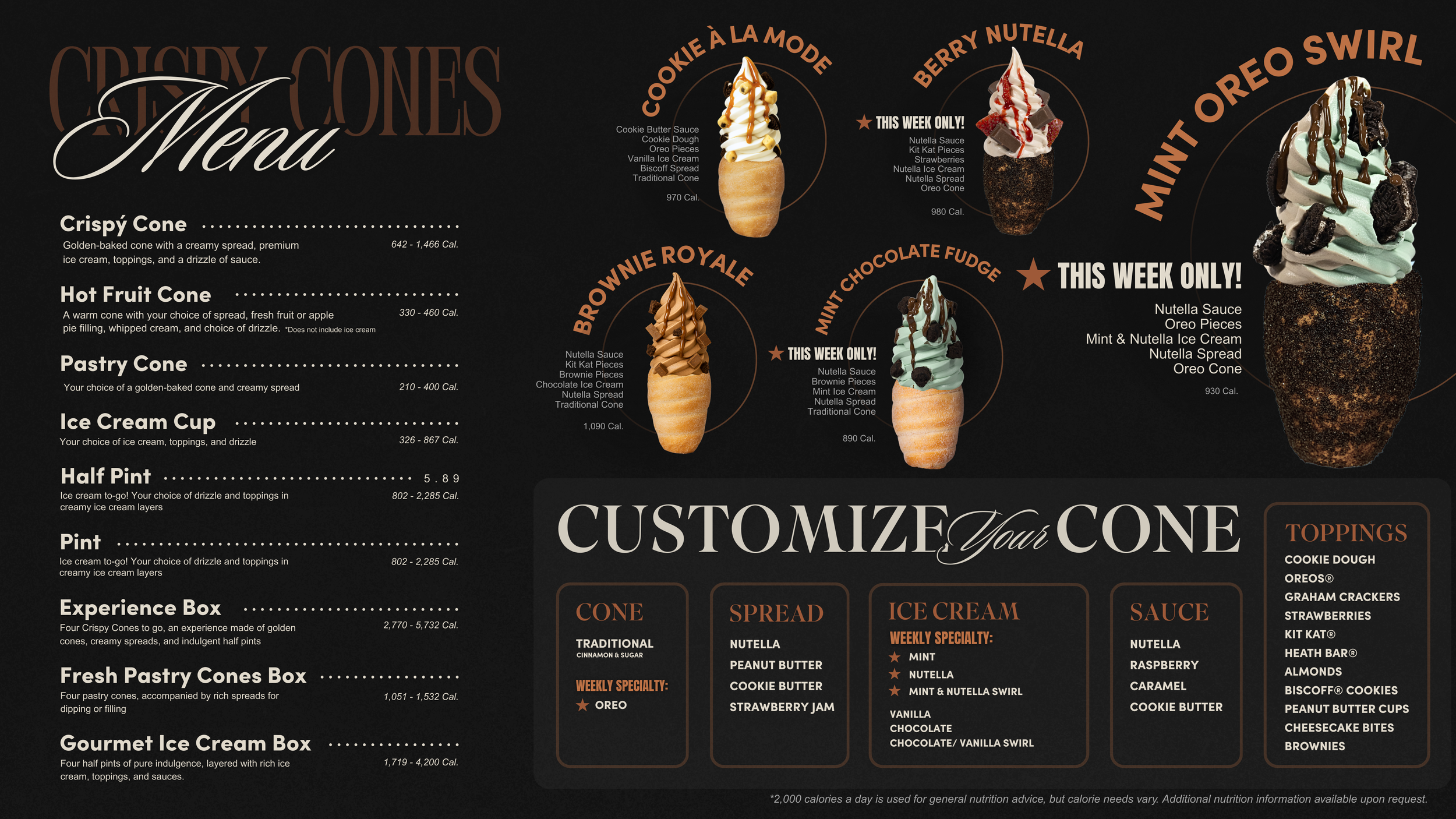 Menu with Mint & Nutella Specialty Ice Cream with Powdered Sugar Cone.