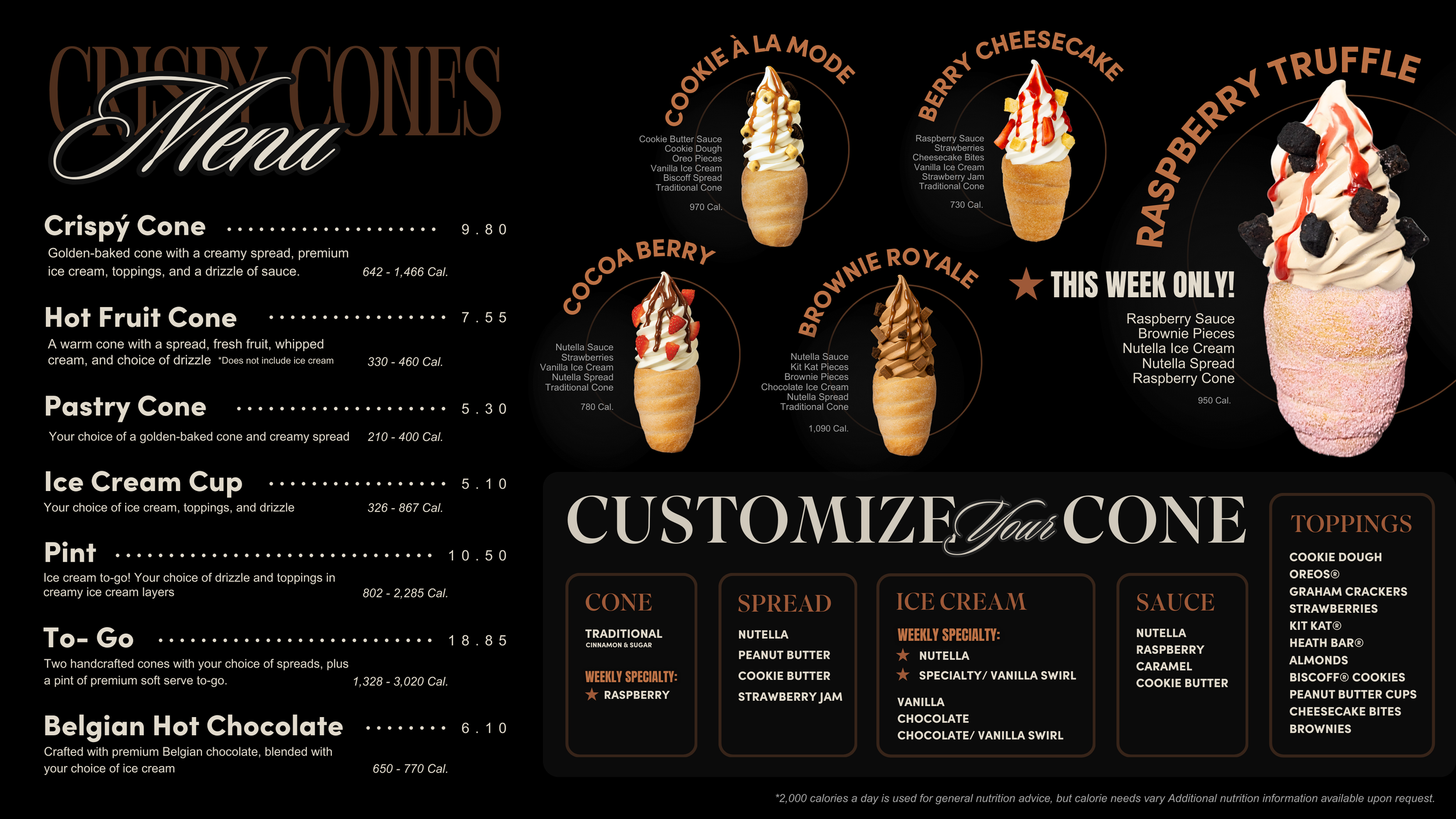 Menu with Nutella Specialty flavor Ice Creams and Raspberry Specialty Cone