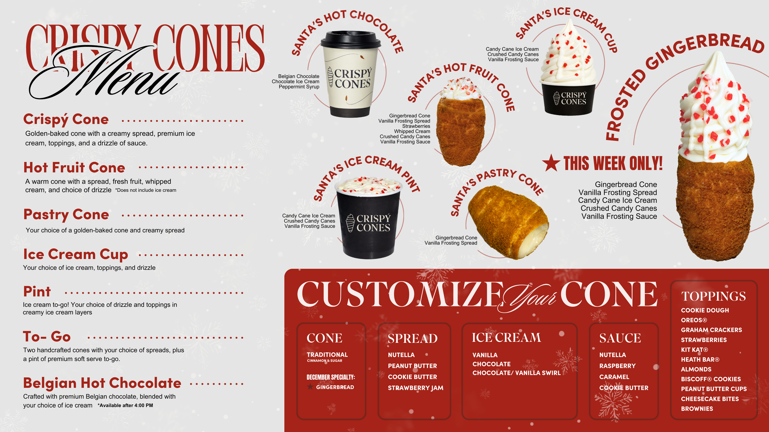 Santa's Menu with Candy Cane Specialty flavor Ice Cream, and Gingerbread Specialty Cone.